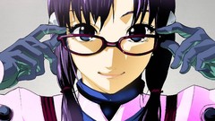 Gray background close-up glasses faces smiling long hair anime 