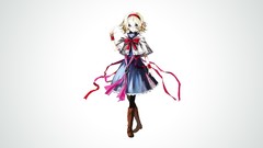 Gray background dress blondes anime girls boots green eyes 