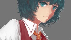 Gray background dress faces anime girls green eyes short hair 