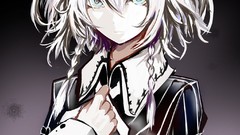 Gray background dress white hair Ribbons anime girls blue eyes 