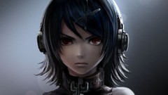 Gray background headphones collar red eyes faces chains blue 