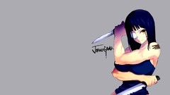 Gray background Knives blue hair anime girls short hair yellow 