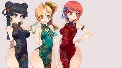 Gray background red eyes red dress kimono earrings blondes 