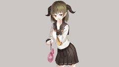 Gray background tie horns red eyes schoolgirls skirts anime 