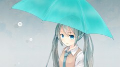 Gray background Umbrellas tie water drops blush long hair anime 