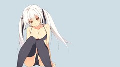 Gray background white hair anime girls brown eyes cleavage 