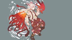 Gray background white hair red eyes flames long hair anime 