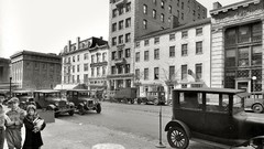 Gray children cars vintage monochrome USA buildings cities 