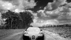 Gray clouds cars monochrome front view bugatti veyron grayscale