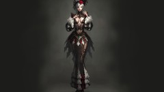 Gray dark woman long hair brown eyes gray hair black dress 