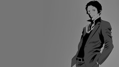 Gray gray background tie monochrome suit belts smiling short 