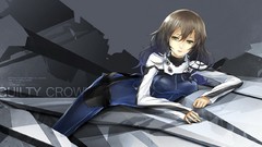 Gray text holster anime girls green eyes brunettes guilty crown 