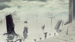 Gray water clouds ruins empty short hair black hair black eyes 