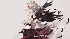 Gray weapons wings Katana feathers hats white hair Swords masks 