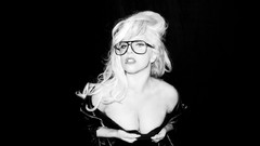 Gray woman leather glasses black background lady gaga blondes 