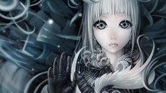 Gray woman white hair gloves faces long hair gray eyes artwork 