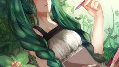 Green Plants dress notebook pens anime girls green eyes braids 