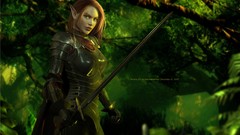 Green weapons armor Swords forests digital art girls with swords