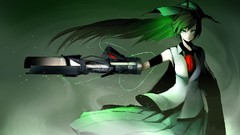 Green weapons bows skirts long hair anime girls green eyes 