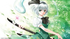 Green weapons Katana ghosts white hair Swords anime girls green 