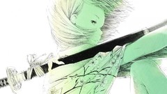 Green weapons Katana white background Swords short hair konpaku 