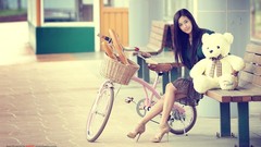 Green woman Bicycles asians models teddy bears sweaters Kim Ha 