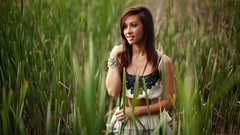 Green woman dress smiling brunettes