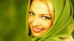 Green woman faces blondes smiling