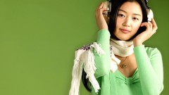 Green woman headphones green background asians scarfs Simple 
