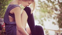 Green woman legs stockings blondes bra