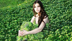 Green woman sitting outdoors brunettes models