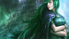 Green woman tower long hair green hair