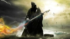 grim reaper guitar water skeleton Lightning Sea digital art sky