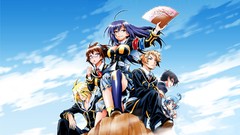 Groups Anime glasses Ribbons fans blondes blue hair long hair 