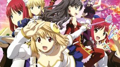 Groups food plates red eyes blondes long hair anime girls 