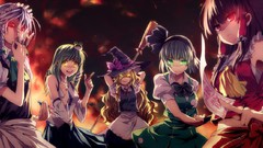 Groups weapons Katana dress samurai hats Knives navel red eyes 