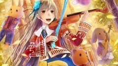 Guitars blondes violins long hair flower petals open mouth 