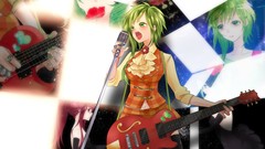Guitars microphones short hair vocaloid green hair open mouth 