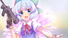 Guns Anime gloves blue hair long hair blue eyes short hair 