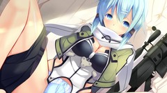 Guns Anime legs skirts blush blue hair anime girls blue eyes 