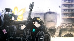 Guns Anime soldiers armor white hair drawings cities anime 