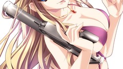 Guns blondes anime girls blue eyes purple eyes bikini lollipops
