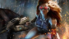 Guns cyberpunk science fiction goggles redheads artwork girls 