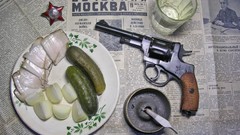 Guns dinner Russia Russian vodka revolvers onions cucumbers