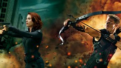 Guns explosions Scarlett Johansson arrows bows jeremy renner 