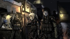 Guns game shop armor Knives blondes tattoos smiling anime girls 