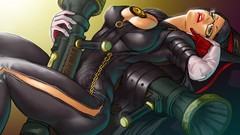 Guns glasses bazooka lying down boobs bayonetta tight leather 