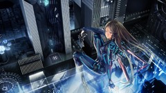 Guns long hair anime girls blue eyes brunettes science fiction 