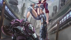 Guns red eyes Swords cleavage aqua hair tight clothing