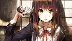 Guns revolvers green eyes brunettes school uniforms